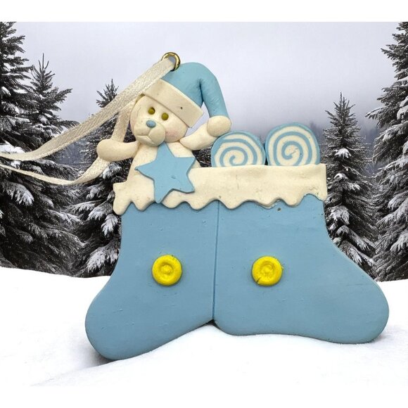 Unbranded Other - Christmas Stocking Tree Ornament with Teddy Bear and Lollipops Blue White